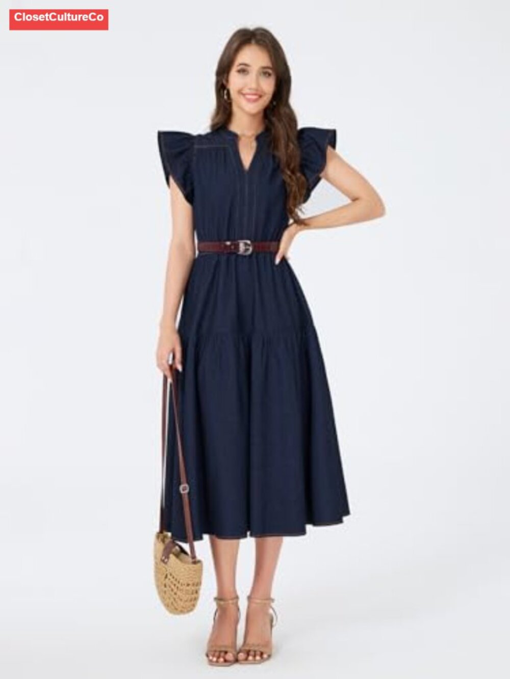 Womens Summer Denim Chambray Maxi Dress Ruffle Sleeve V Neck Tiered Flowy - Picture 5 of 5